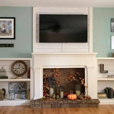 Faux Shiplap Fireplace and Custom Shelves