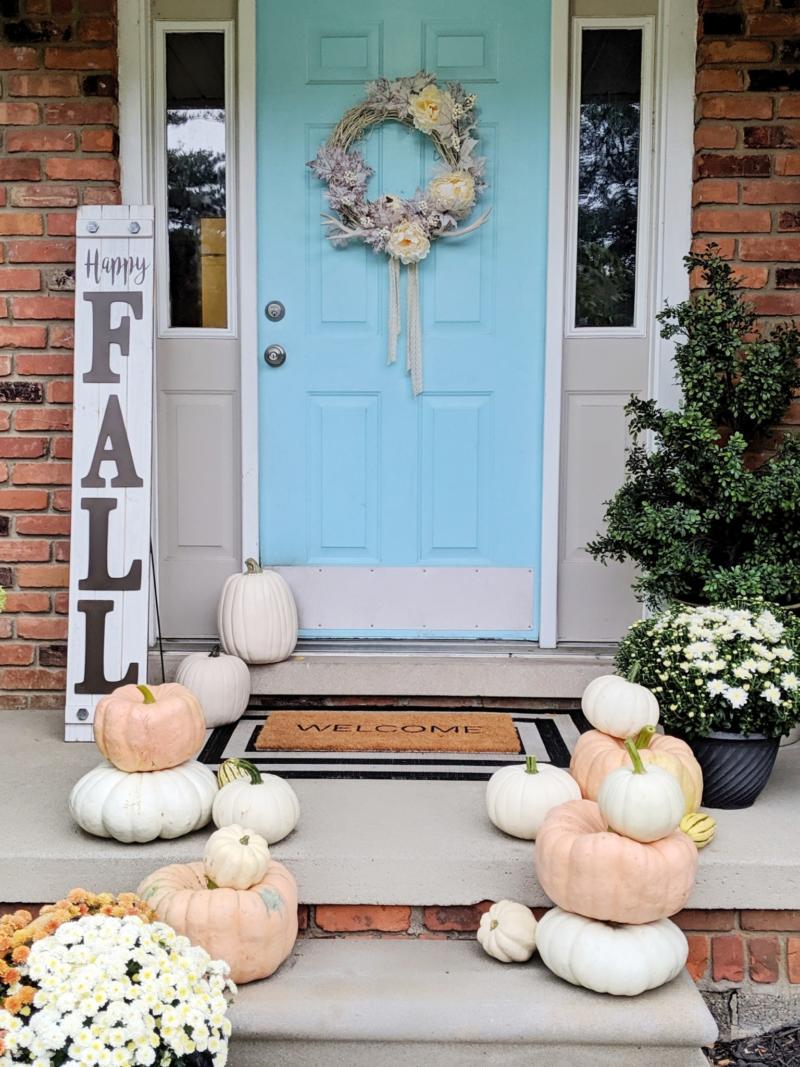 Fall Front Porch with Pink and White Cinderella Pumpkins