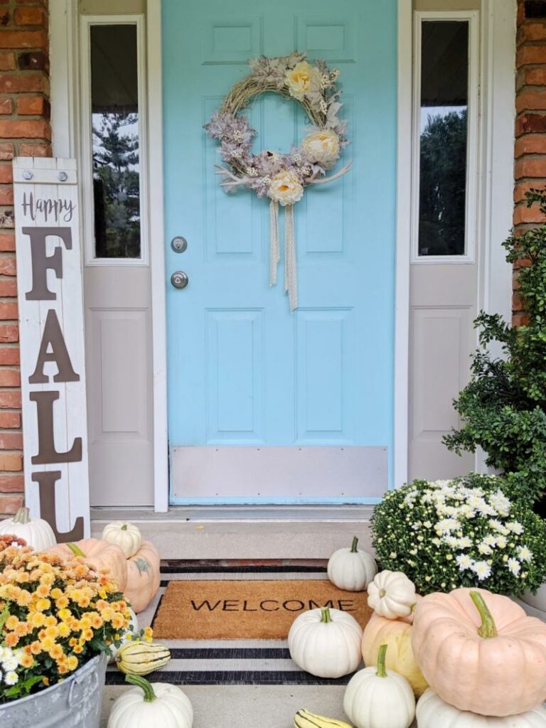 Fall Front Porch with Pink and White Cinderella Pumpkins