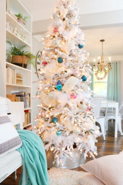 Christmas Home Tour: Rustic Glam Flocked Tree with Pastel Colors